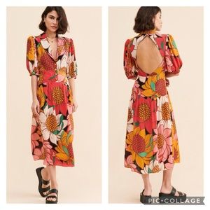 FARM RIO Colorful Sunflowers Open Back Midi Dress Sz  Medium.